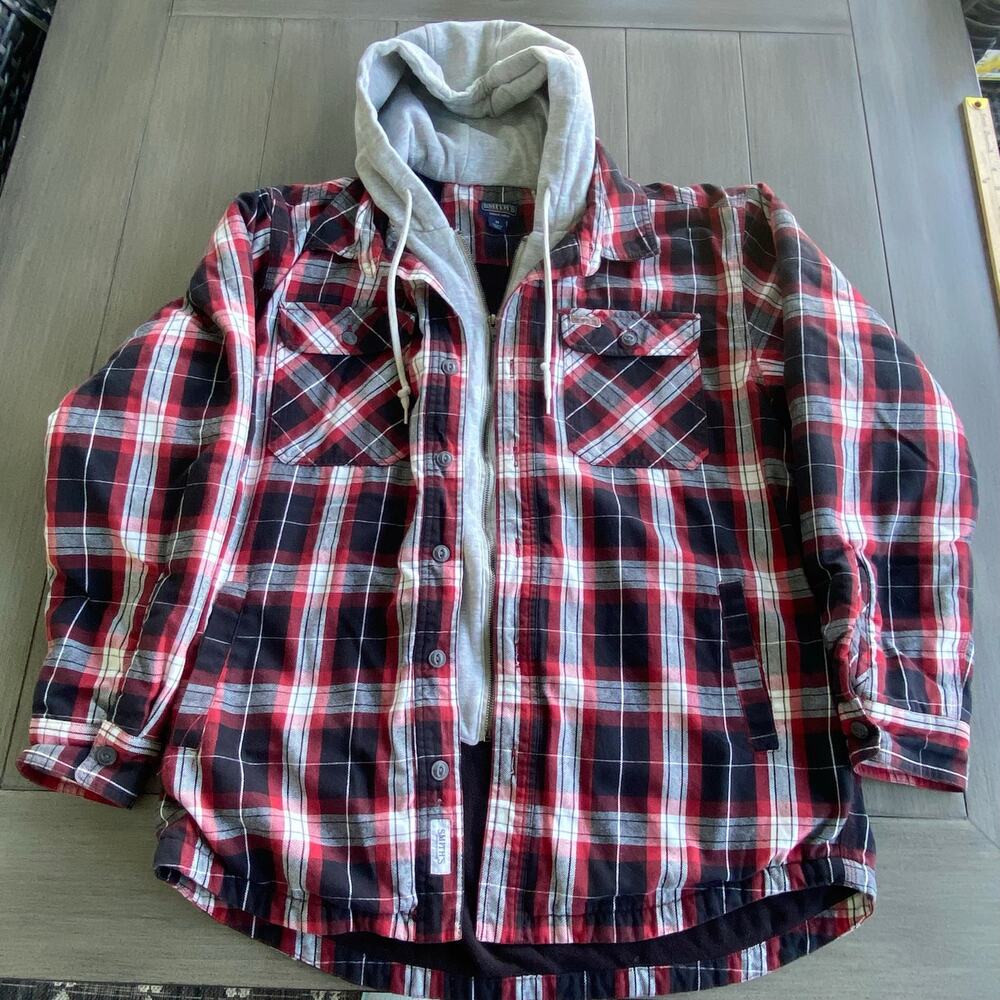Smith Workwear Lined Flannel Jacket Medium • Red/Black Plaid • Gray Hood • 60/40